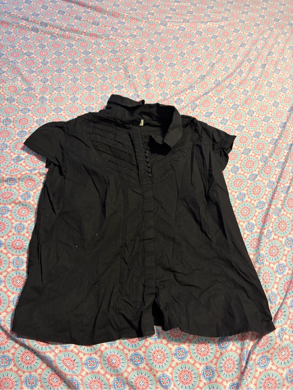 Black Short-Sleeve Pleated Front Women's Top